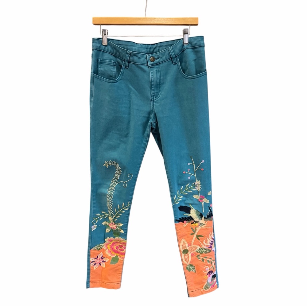 LIEBO Jeans Turquoise Embroidered Floral Birds Tropical Boho 30